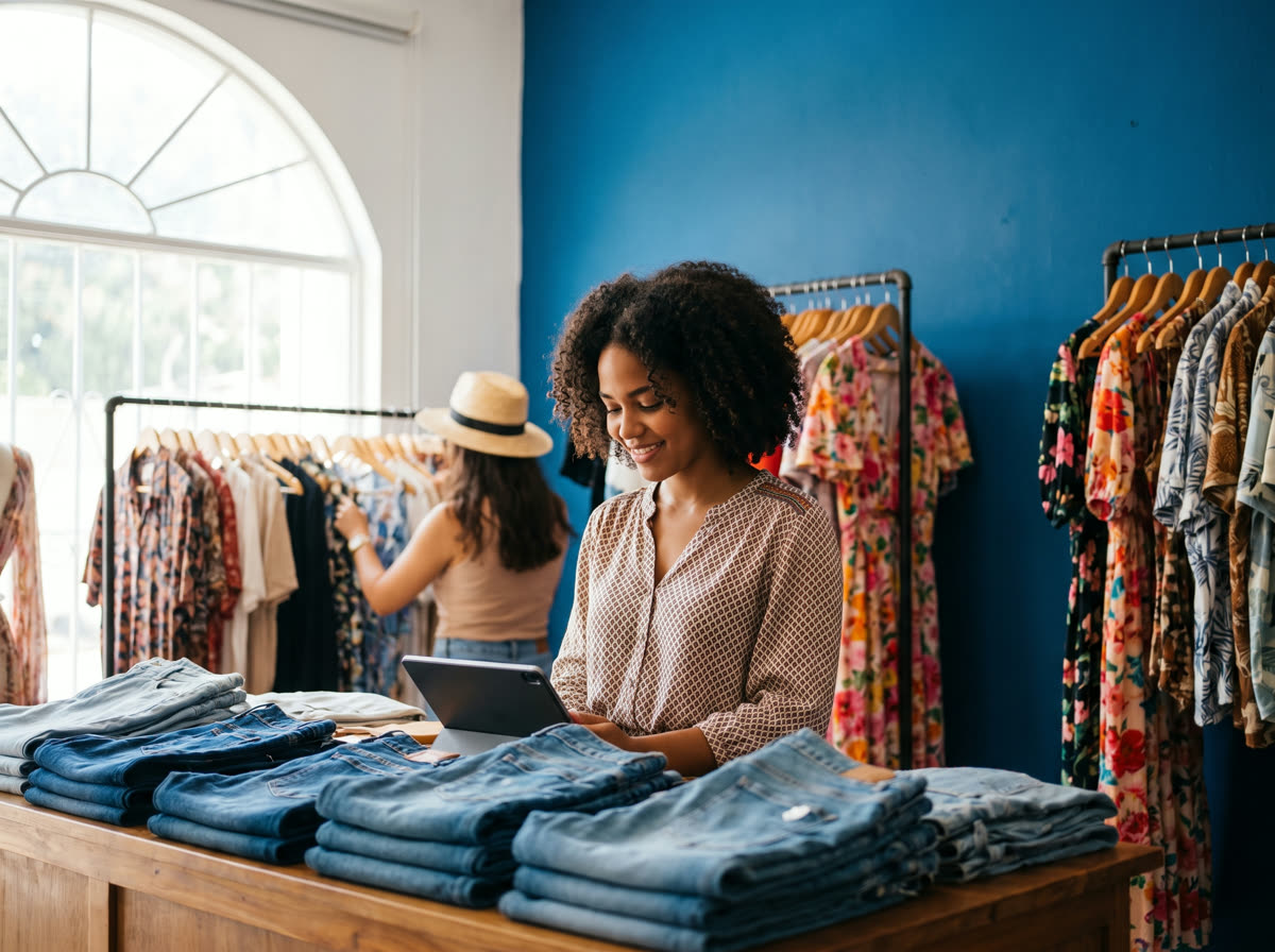 Dueña de una boutique usando una tableta junto a la ropa